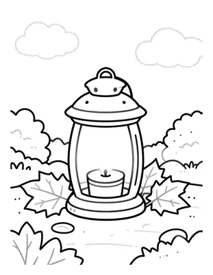 Coloriage d'une petite lanterne éclairée par une bougie, posée sur un chemin de pierre entouré de feuilles d'automne.
