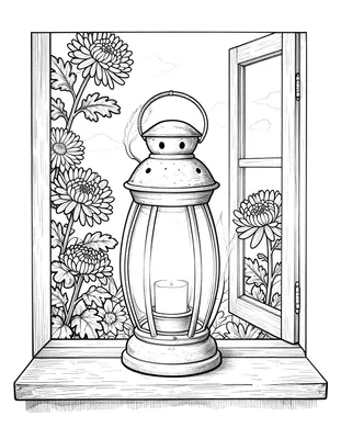 Coloriage d'une lanterne à bougie posée sur un rebord de fenêtre, entourée de chrysanthèmes et d'une fenêtre ouverte.