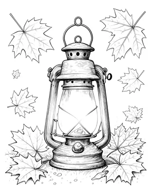 Coloriage d'une lanterne tempête posée au sol, entourée de grandes feuilles d'érable et de feuilles d'automne.