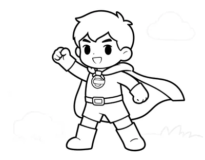 Dessin au trait d'un jeune garçon souriant en costume avec une cape flottante, les bras écartés.