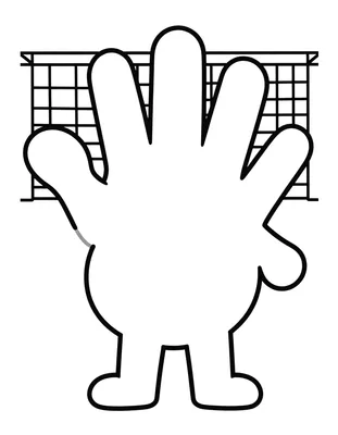 Coloriage d'une grande main ouverte devant un but de handball, avec des formes simples et épaisses.