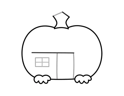 Coloriage d'une maison en forme de citrouille avec une porte, une fenêtre et deux petits nuages à sa base.