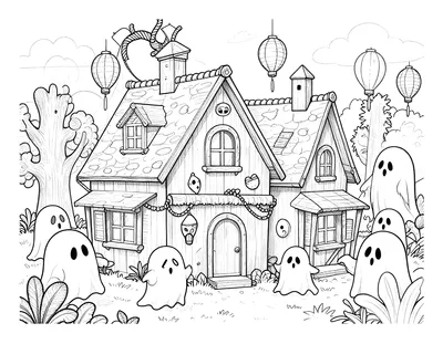 Coloriage d'une maison décorée de guirlandes de fantômes et de lampions, entourée de petits fantômes dans un jardin.