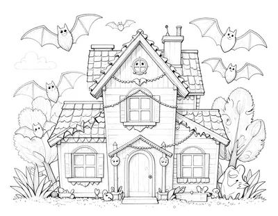 Coloriage d'une maison décorée de guirlandes et de chauves-souris en papier pour Halloween