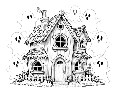 Coloriage d'une maison hantée aux fenêtres rondes et à la cheminée de travers, entourée de fantômes souriants.