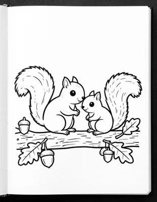 Coloriage d'une maman écureuil et de son petit assis sur une branche, entourés de glands et de feuilles de chêne.