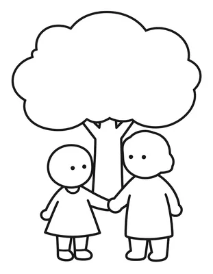Coloriage d'une grand-mère et d'un enfant se tenant la main sous un grand arbre aux feuilles dorées.