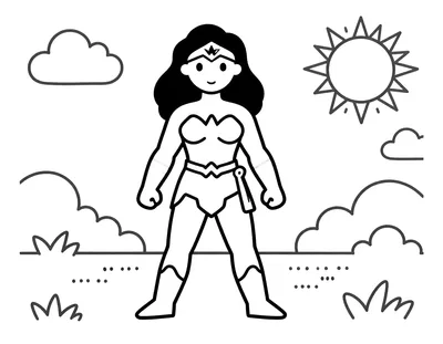 Dessin au trait noir et blanc d'une femme dans le costume de Wonder Woman assise sur des toilettes.