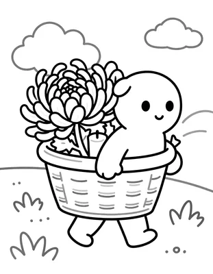 Coloriage d'un petit personnage souriant portant un panier de chrysanthèmes vers le cimetière, sous un ciel nuageux.