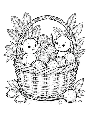 Coloriage d'un panier en osier rempli de bonbons, de petits chocolats et d'œufs décorés, entouré de feuilles, avec deux petits personnages mignons.