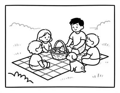 Coloriage d'une famille assise sur une couverture à carreaux pour un pique-nique au parc, avec un panier et un chien.