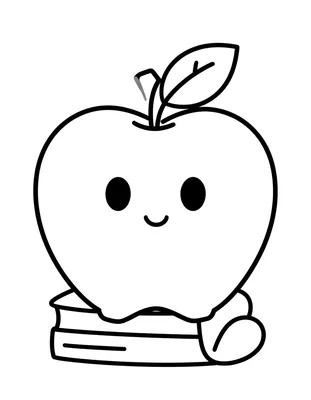 Coloriage d'une grosse pomme souriante avec une feuille et une tige, posée sur une petite pile de deux livres.