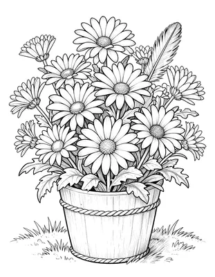 Coloriage d'un pot de chrysanthèmes aux nombreuses fleurs posé sur une tombe fleurie, avec des herbes autour.