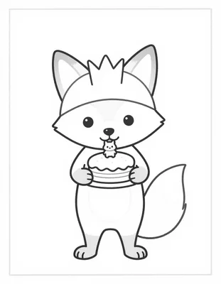 Coloriage d'un renard joyeux portant une couronne en papier et croquant dans une galette des rois avec une fève.