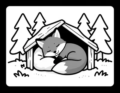 Coloriage d'un renard roux roulé en boule qui dort dans une tanière enneigée entourée de sapins.