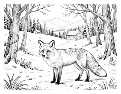 Coloriage d'un renard debout dans une forêt enneigée, avec des arbres nus, des empreintes dans la neige et une ferme en pierre au loin.