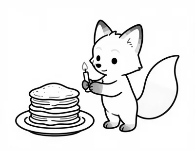 Coloriage d'un petit renardeau qui tient une bougie allumée à côté d'une pile de crêpes sur une assiette.