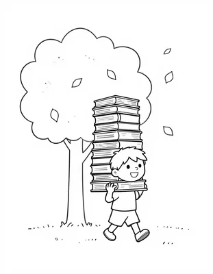 Coloriage d'un enfant souriant qui marche sur un chemin bordé d'arbres en portant une grande pile de livres, avec des feuilles d'automne qui tombent.