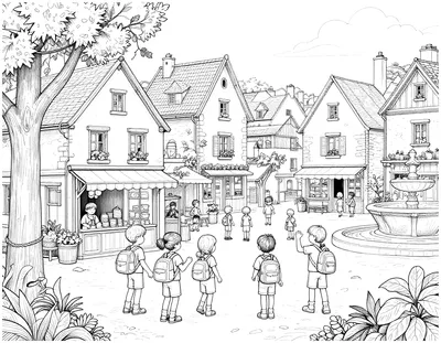 Coloriage détaillé d'une place de village français le jour de la rentrée, avec des enfants et leurs cartables devant la boulangerie et la fontaine.