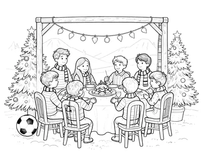 Coloriage d'une famille de supporters en écharpes et maillots rayés attablée pour le réveillon de Noël, avec un ballon de football sous le sapin et un but dans le jardin enneigé.