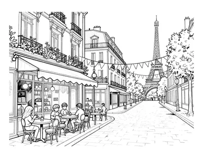 Coloriage d'une rue de Paris avec des guirlandes de fanions, une boulangerie, des tables de café et la tour Eiffel au loin.
