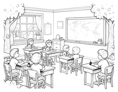 Coloriage d'une salle de classe française le jour de la rentrée, avec des pupitres en bois, un tableau noir, une carte du monde et des arbres d'automne derrière les fenêtres.
