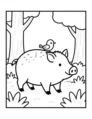 Coloriage d'un sanglier souriant dans une clairière, un petit oiseau posé sur son dos.