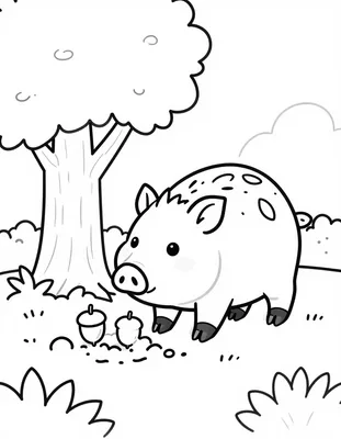 Coloriage d'un sanglier au museau rond qui fouille la terre pour trouver des glands au pied d'un grand chêne.