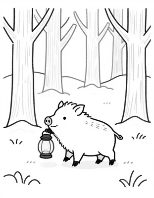 Coloriage d'un petit sanglier tenant une lanterne dans une forêt enneigée la veille de Noël.