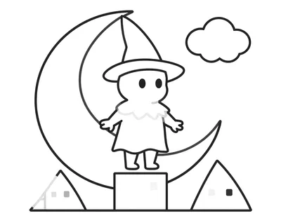 Coloriage d'une petite sorcière au chapeau pointu sur son balai, devant une grande lune et au-dessus des toits