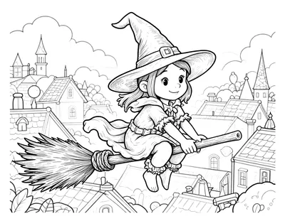 Coloriage d'une sorcière souriante volant sur son balai au-dessus des toits d'un village