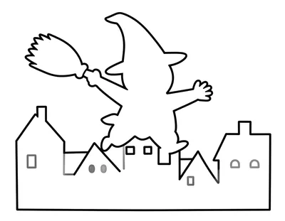 Coloriage d'une sorcière souriante volant sur son balai au-dessus des toits d'un village au crépuscule.