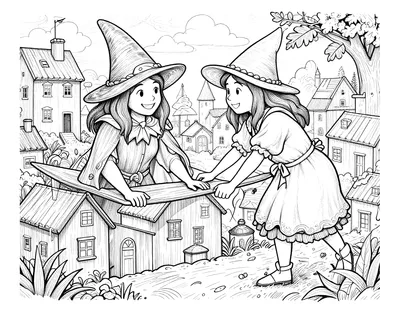 Coloriage de deux sorcières souriantes debout sur un balai qui survolent les toits d'un village aux maisons à colombages.