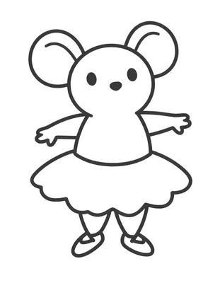 Coloriage d'une souris ballerine en tutu, debout sur la pointe des pieds, les bras arrondis au-dessus de la tête.