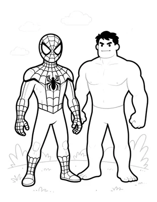 Coloriage de Spider-Man et Hulk côte à côte dans un décor d'Halloween avec des buissons et des nuages.