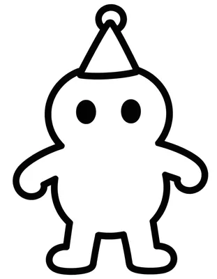 Coloriage d'un squelette souriant qui danse avec un chapeau de fête pointu sur la tête.