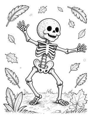 Coloriage d'un squelette souriant qui danse les bras levés, entouré de feuilles d'automne tourbillonnantes.