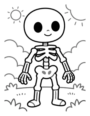 Coloriage d'un squelette cartoon souriant debout, portant des chaussettes, avec un ciel, un soleil et des buissons en arrière-plan.
