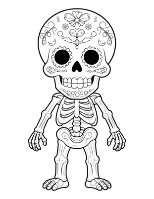 Coloriage d'un squelette de sucre du Jour des morts, avec un crâne orné de fleurs et de motifs et un corps entier aux os détaillés.