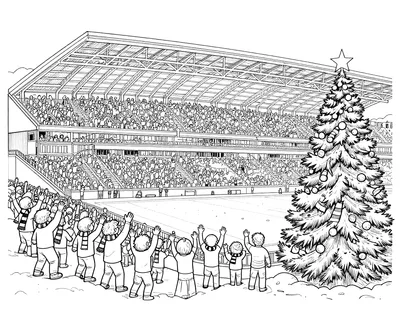 Coloriage d'un stade de football rempli de supporters en écharpes rayées, avec un sapin de Noël décoré au bord du terrain sous la neige.