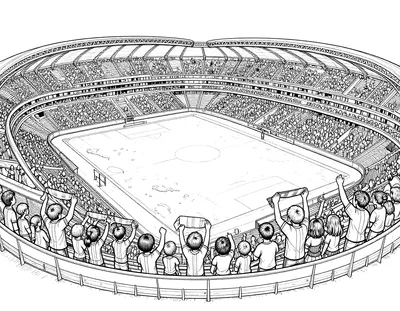 Coloriage d'un stade de football vu de la tribune, avec la foule de supporters debout et le terrain au centre.