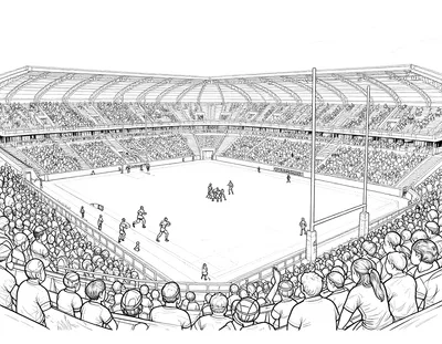 Coloriage d'un stade de rugby vu des tribunes, avec une mêlée sur la pelouse, des poteaux et un petit drapeau français au-dessus des gradins.
