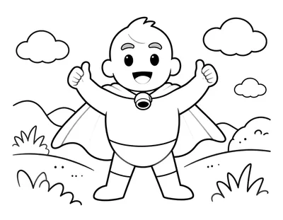 Dessin au trait d'un super-héros joyeux en plein vol, avec une cape flottante et un pouce levé.