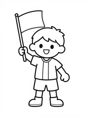 Coloriage d'un jeune supporter qui agite un drapeau devant un but de football.