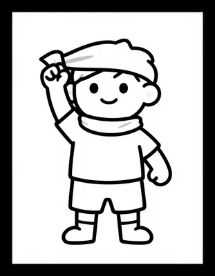 Coloriage d'un jeune supporter souriant en tenue de football qui lève une écharpe au-dessus de sa tête.