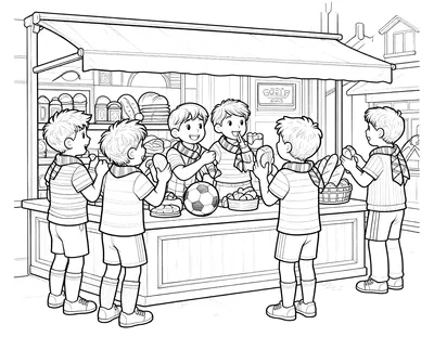 Coloriage d'un groupe de supporters en maillot rayé qui partagent pains et pâtisseries devant le comptoir d'une boulangerie, un ballon posé sur le comptoir.