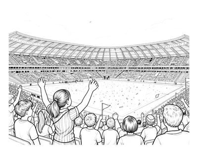 Coloriage d'une jeune supportrice en maillot rayé et écharpe qui encourage son équipe dans un stade de football plein, sous les projecteurs, avec drapeaux et confettis au-dessus du terrain.