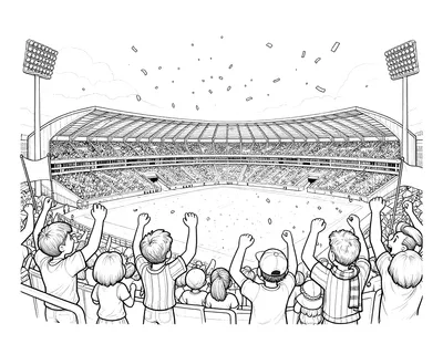Coloriage d'un stade de football la nuit avec des supporters qui agitent des drapeaux et des confettis au-dessus de la pelouse.