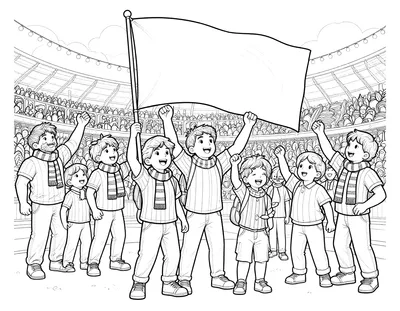 Coloriage de supporters en maillots rayés qui agitent un grand drapeau dans les tribunes d'un stade décoré de guirlandes.