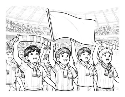Coloriage de jeunes supporters en maillot rayé agitant écharpes et grand drapeau dans des tribunes de stade bondées, avec la pelouse visible en contrebas.